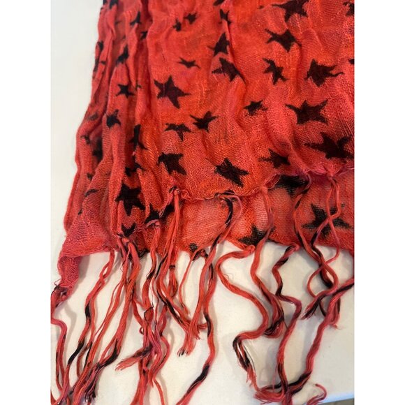 Red Star Pattern Pashmina & Silk Blend Scarf With Fringe Edges Lightweight & Sof - Picture 4 of 6